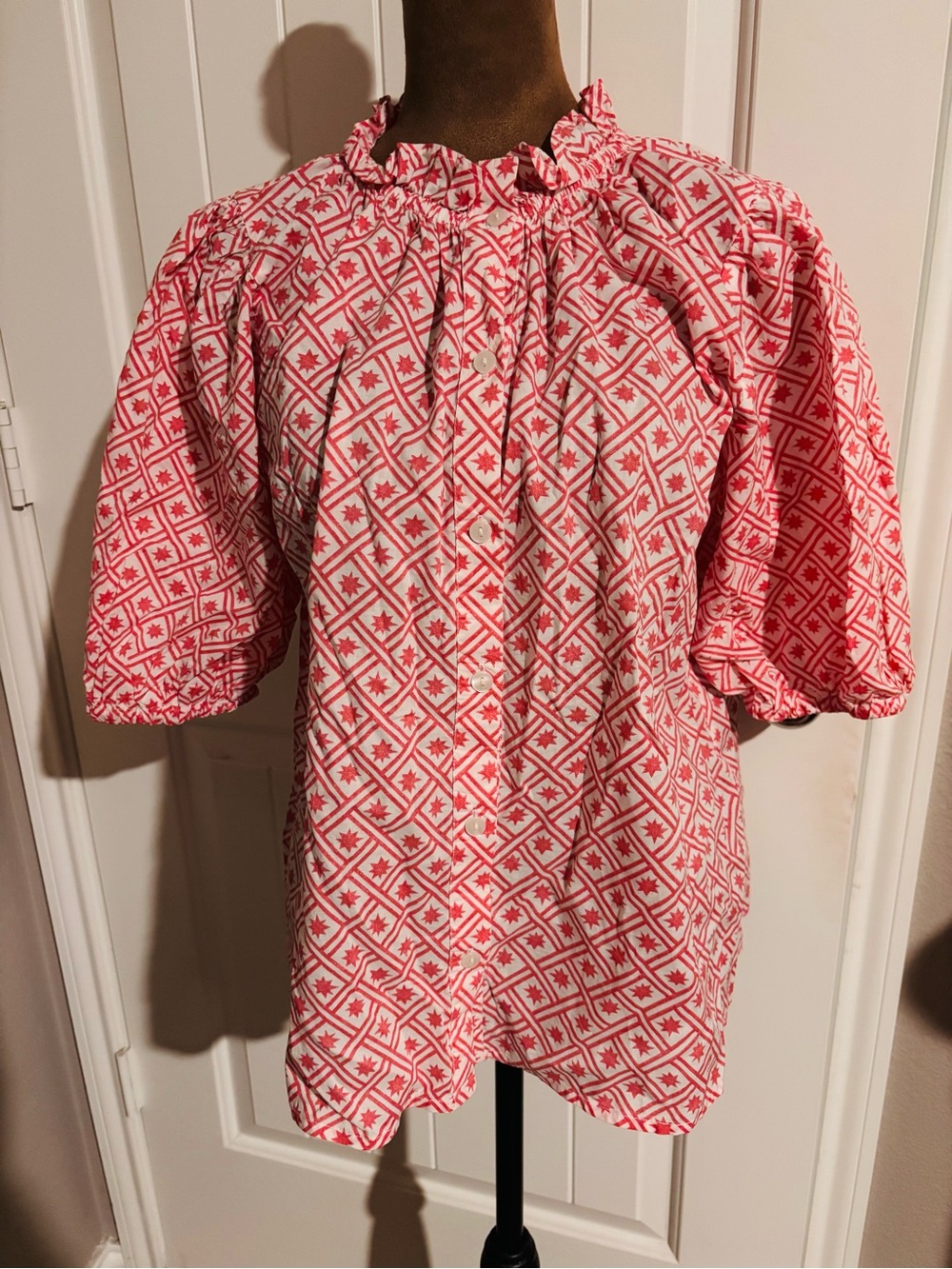 Ex Voto 100% Cotton Red & White Star Print Button Front Blouse M